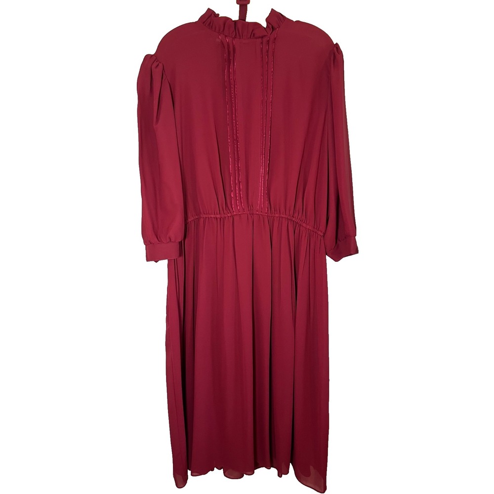 Vintage Handmade Pleated Ruffle Neck Dress Red L Secretary Mod Geek Feminine 80s